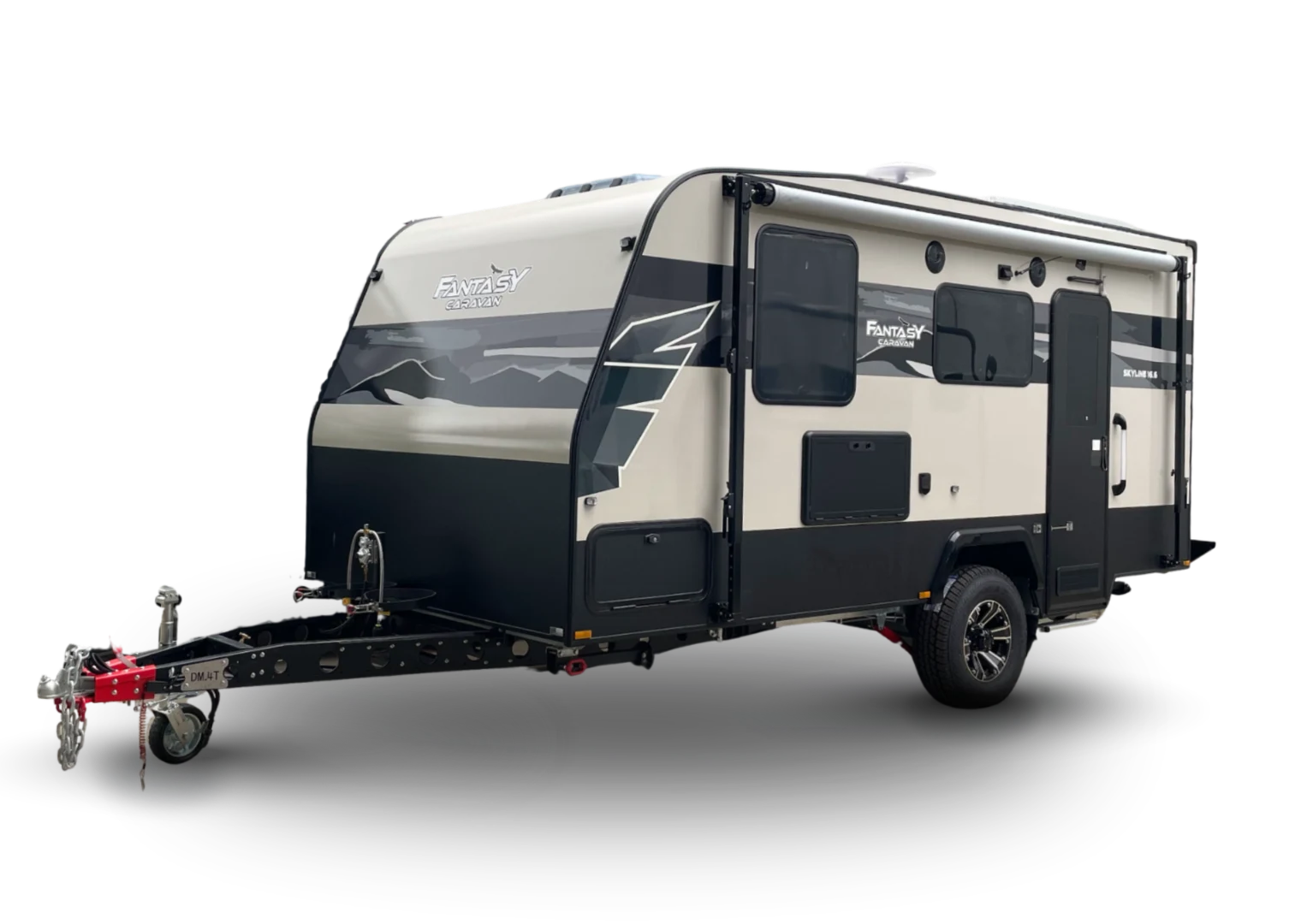 Fantasy Caravan Skyline semi off-road caravan, front three-quarter exterior view showing the drawbar and coupling