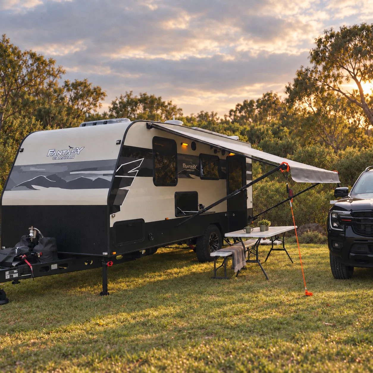 Skyline caravan with its awning rolled out at a grassy campsite in the late afternoon