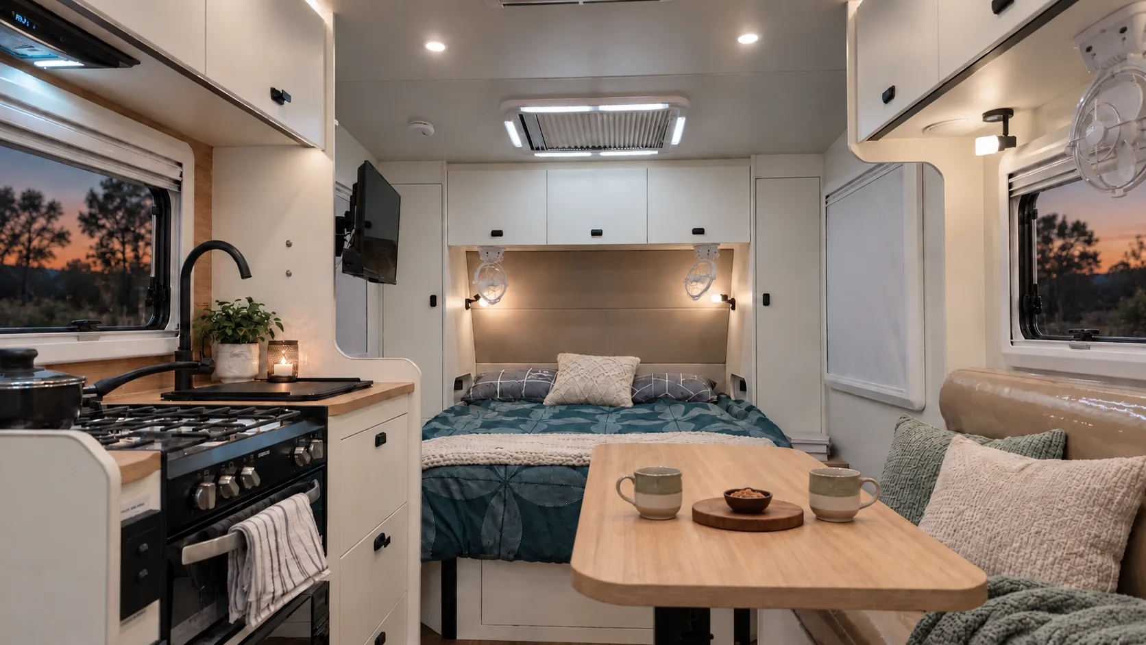 Skyline caravan interior at dusk with the kitchen, dinette and bed lit by warm interior lighting