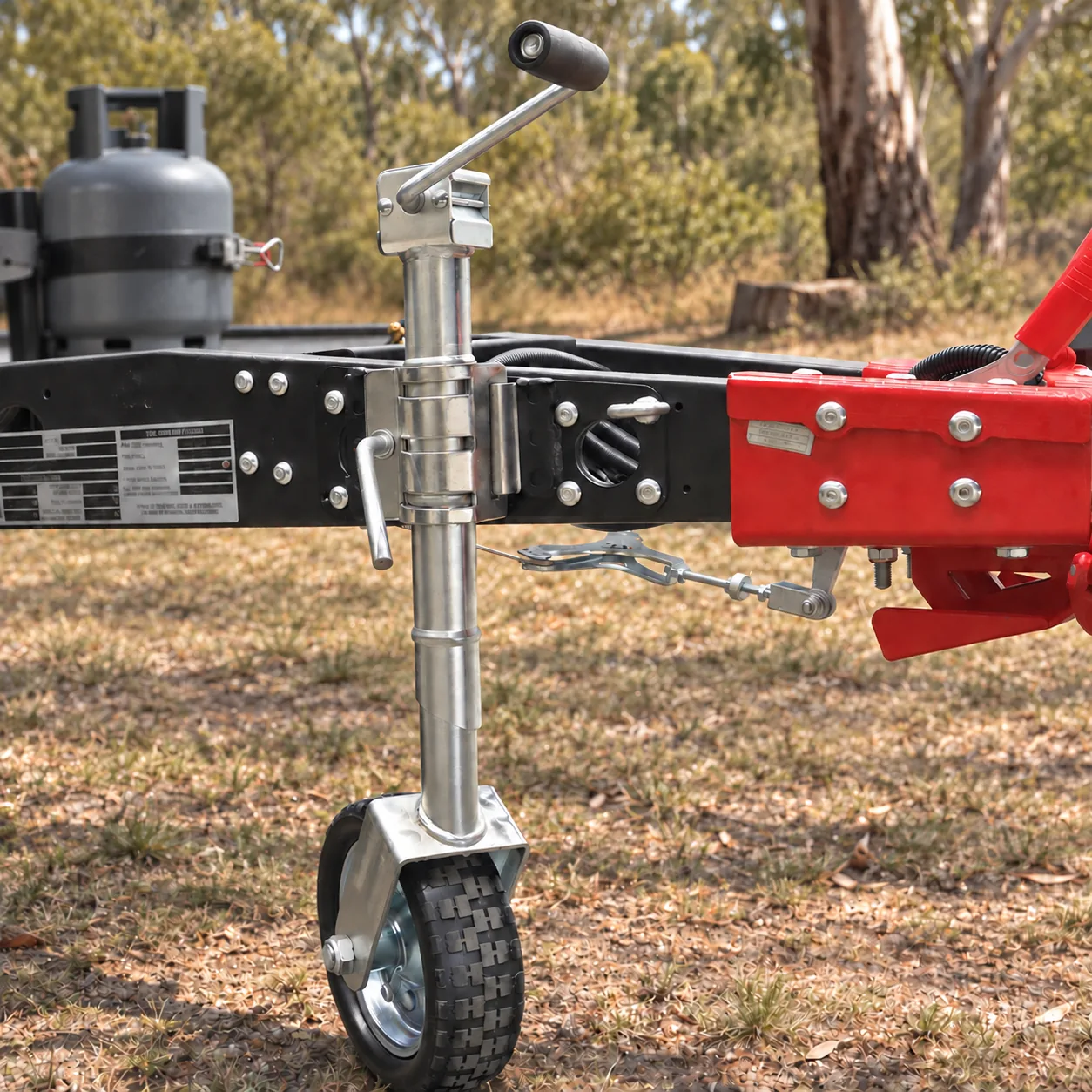 10-inch jockey wheel supporting the drawbar of a Skyline caravan on uneven ground