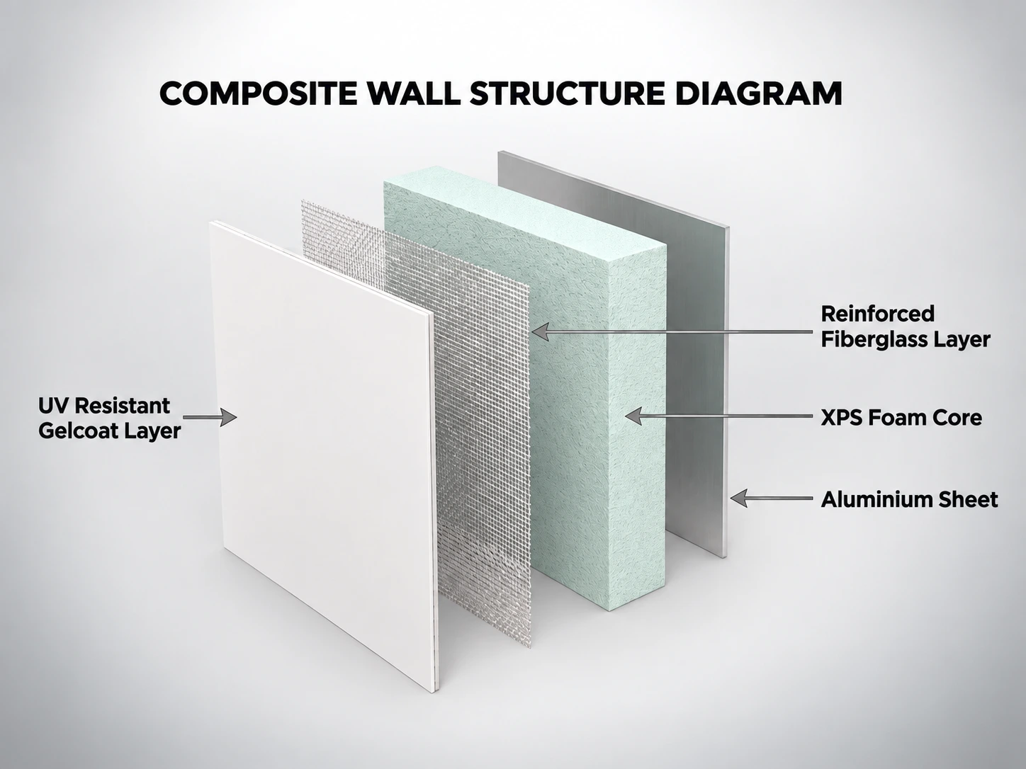 Cutaway diagram of the Skyline sandwich-panel wall: UV-resistant gelcoat layer, reinforced fibreglass layers, high-density structural foam core and internal finish layer
