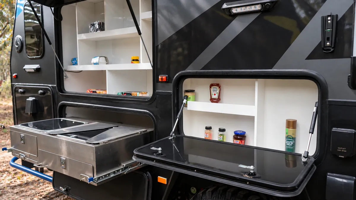 External storage and slide-out kitchen on a Fury 48V