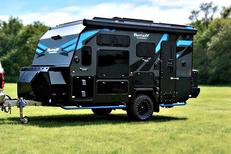 Frontier 48V hard top hybrid caravan on tow