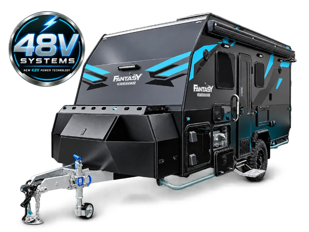 Fury 48V hard top hybrid caravan with 48V Systems badge