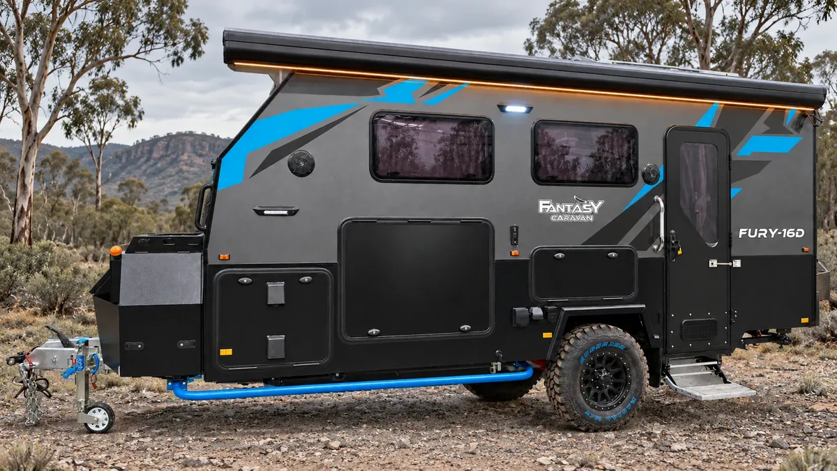 Fury 48V hard top hybrid caravan side view at camp