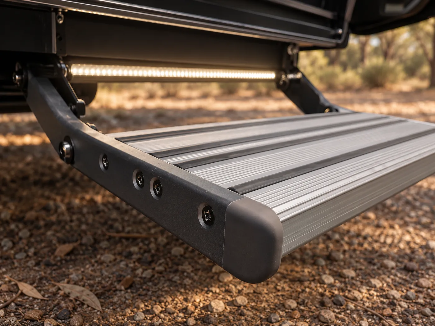 Horizon electric entry step extended, with LED strip lighting above, at a bush campsite