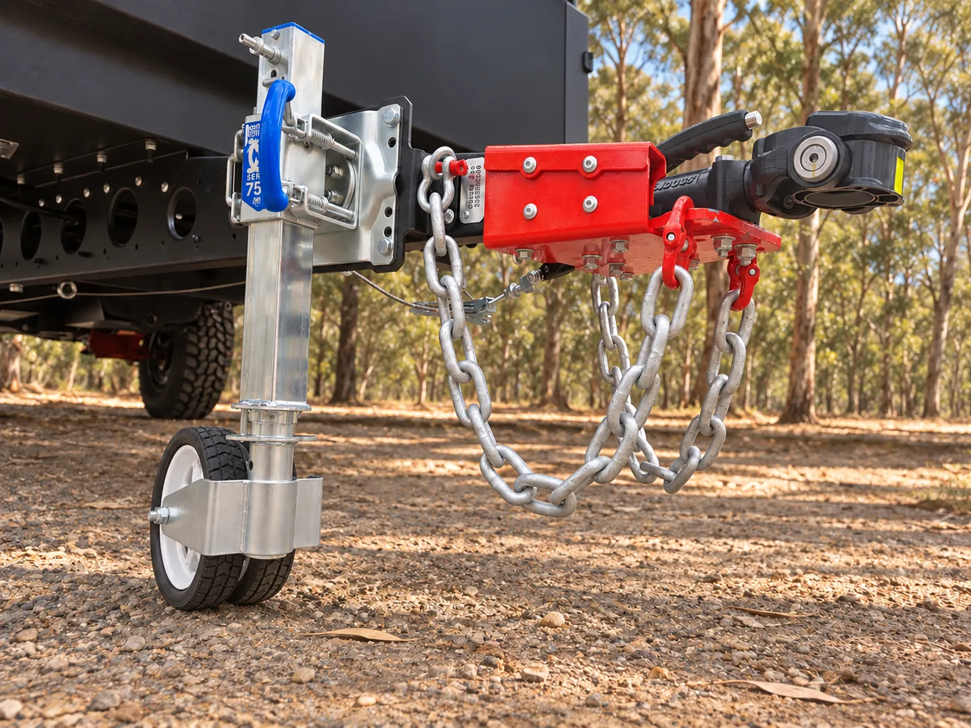 Horizon caravan jockey wheel, coupling and safety chains at a bush campsite