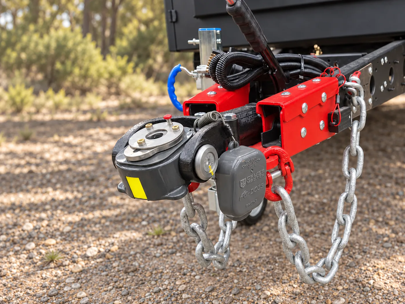 Horizon caravan off-road coupling and safety chains on the drawbar