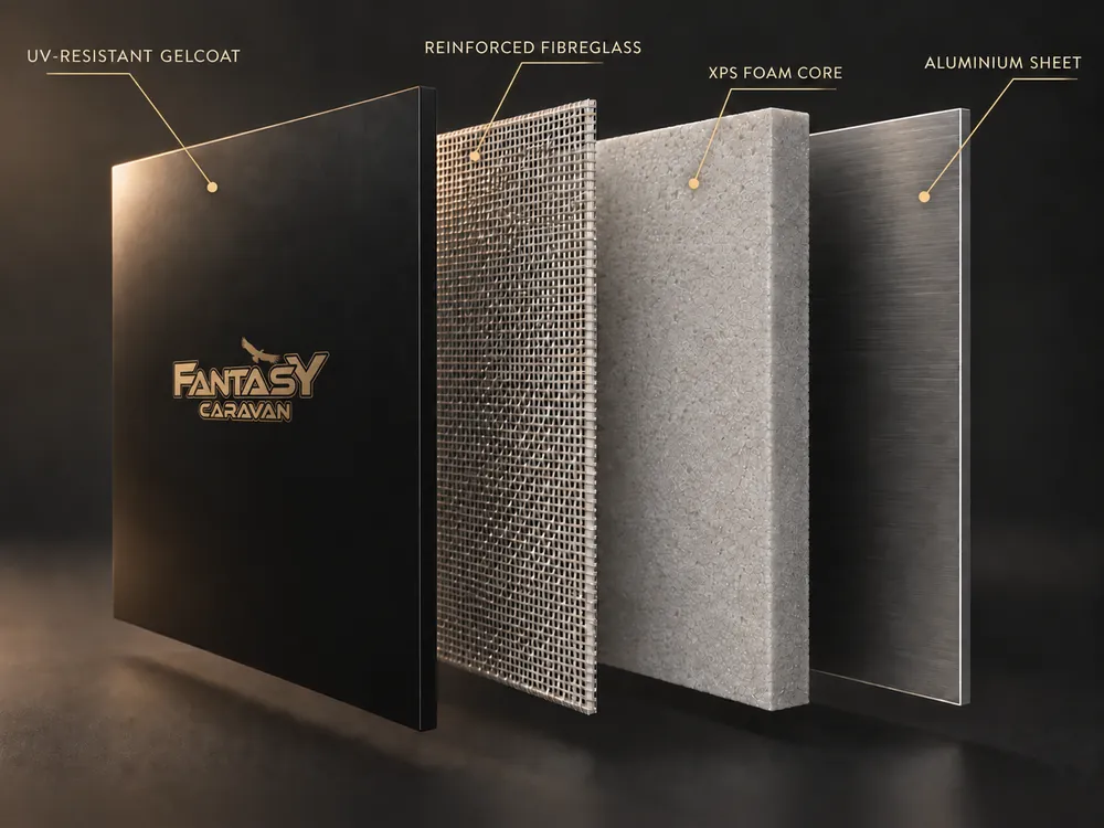 Illustrative exploded sandwich panel with labels: UV-resistant gelcoat, reinforced fibreglass, XPS foam core and aluminium sheet