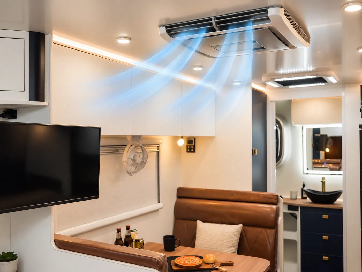 Horizon ceiling air conditioner with illustrative blue cooling airflow