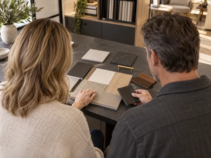 Illustrative rear view of a couple choosing interior colour and material samples