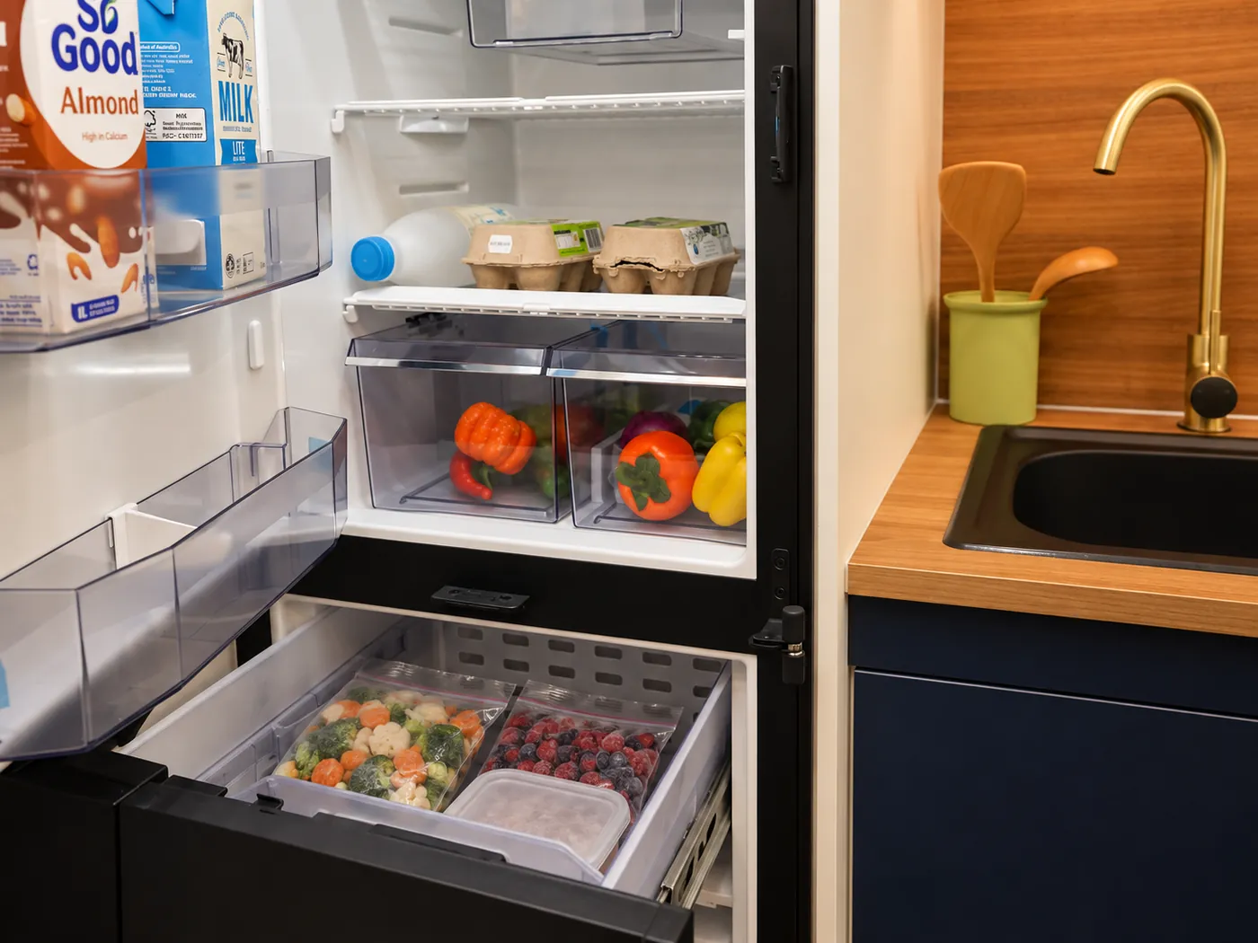 Open Horizon refrigerator with food in its lower pull-out freezer drawer