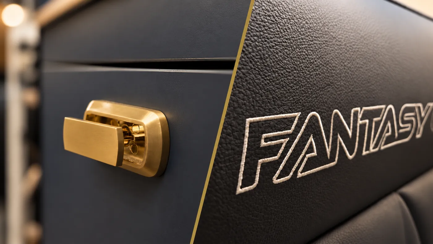 Gold cabinet latch on the left and Horizon upholstery on the right, separated by a gold diagonal