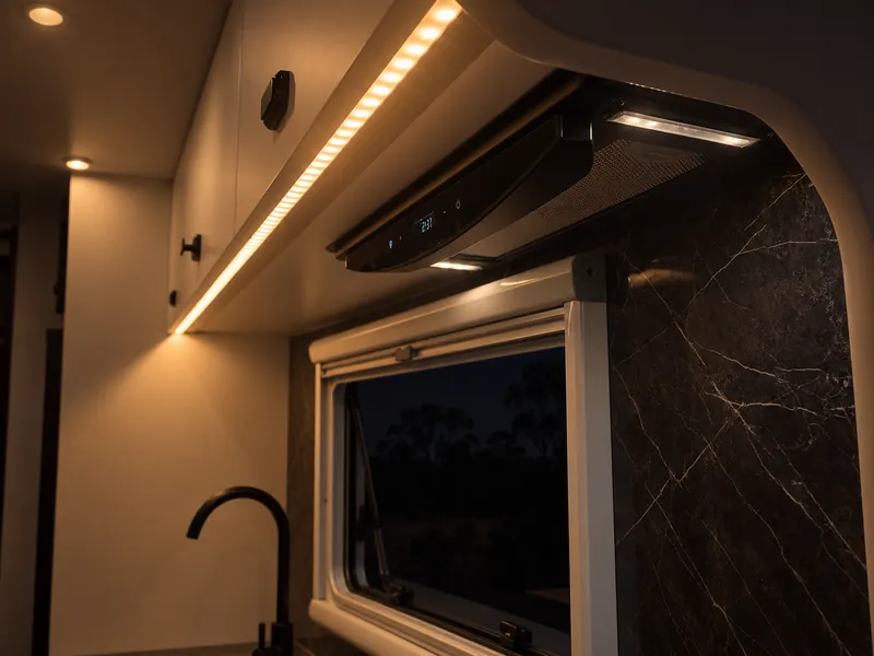 Warm kitchen LED strip lighting with a dark night view through the open window