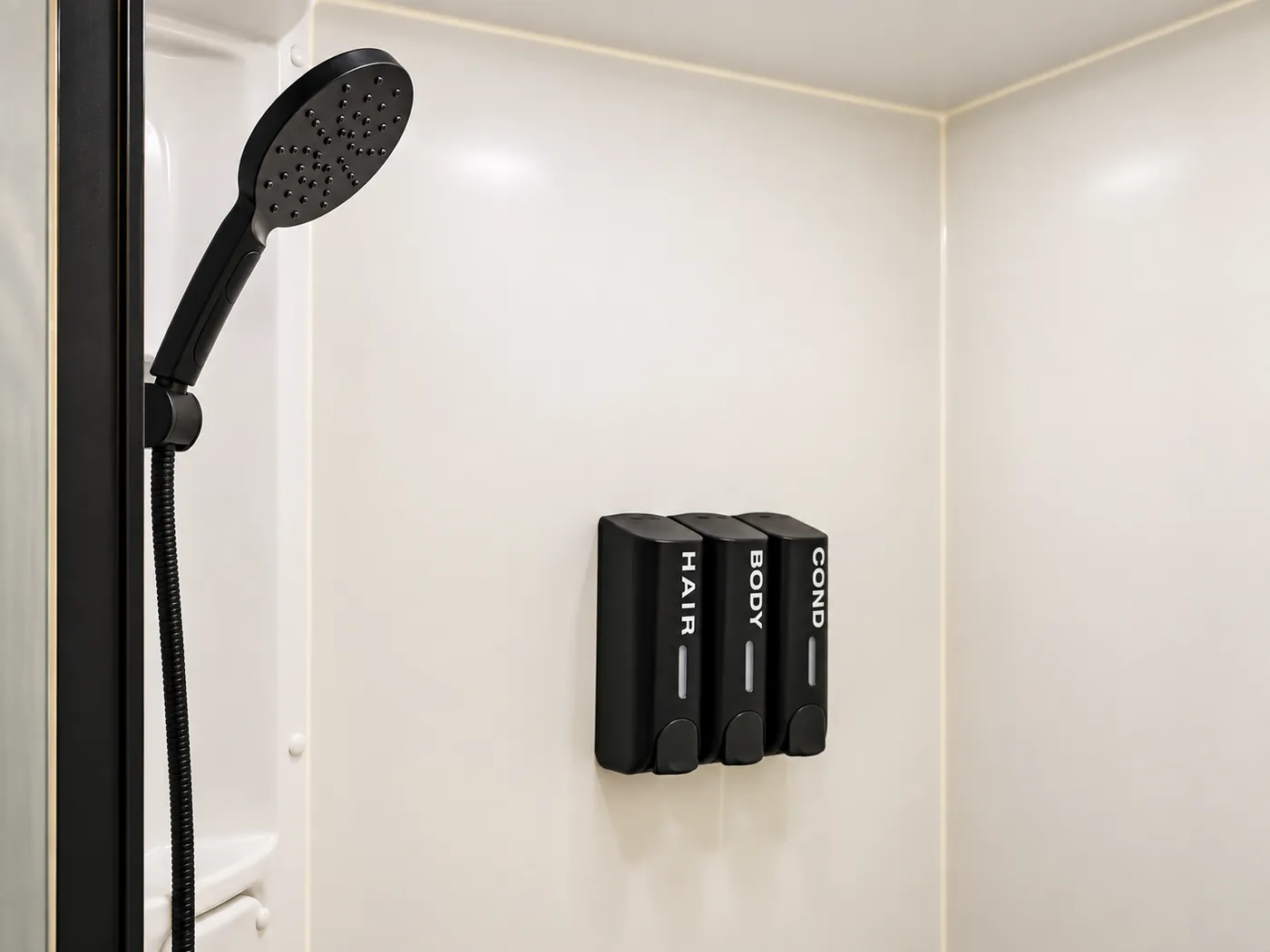 Horizon shower with three wall-mounted dispensers
